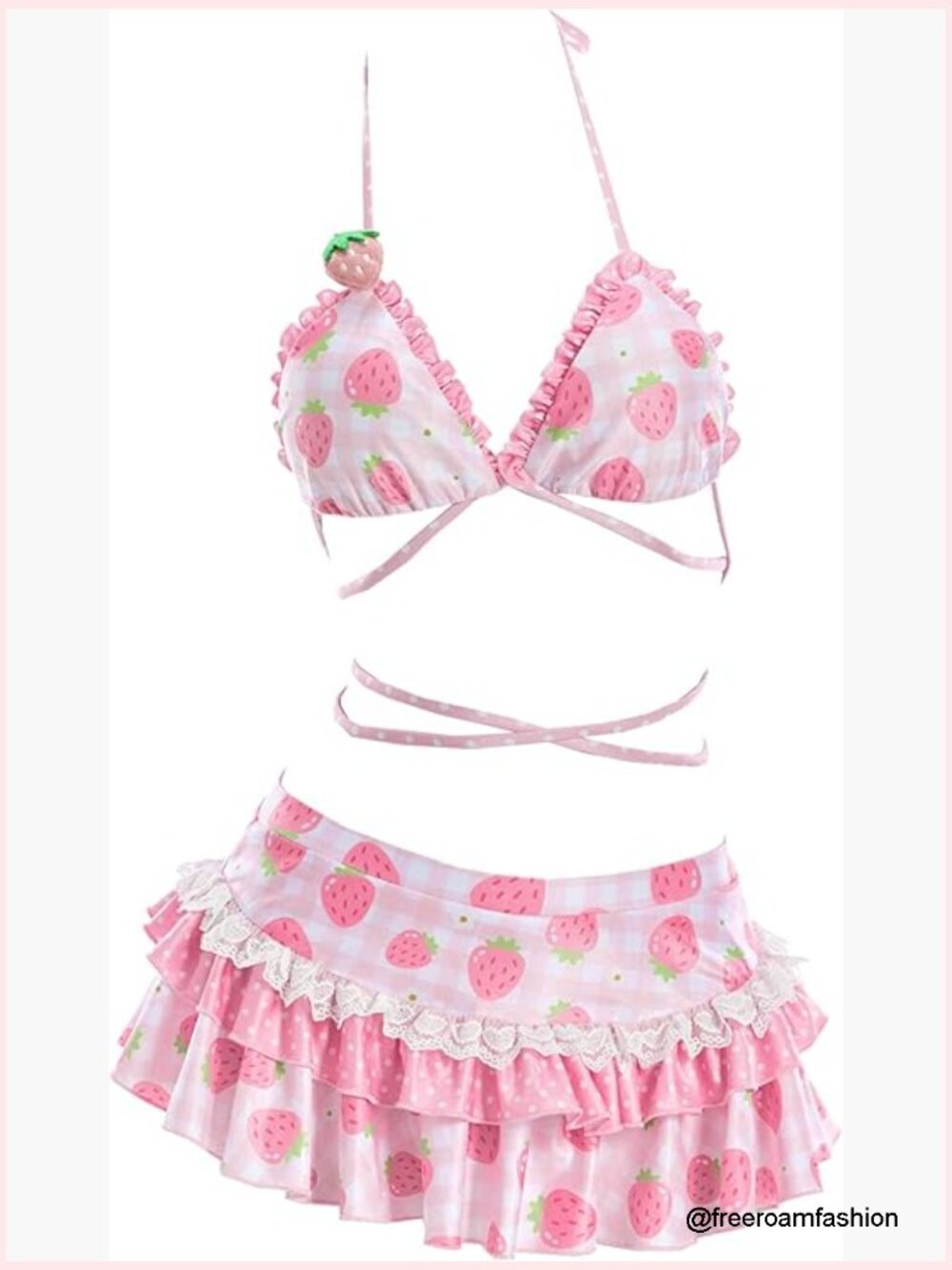 Retro Strawberry Swimsuit Bikini Set Adjustable Straps Skirt Coverup